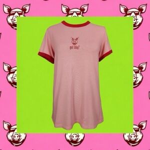 Bella "got bbq" Pink Ringer Tee with Red Trim Short Sleeve T-Shirt Size L